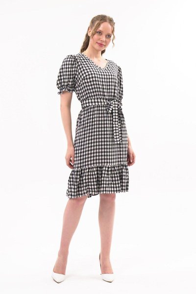 Black Midi Checkered Ruched Summer Dress