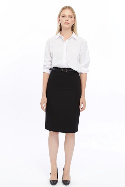 Siyah Midi Kemer Detaylı Likralı Ofis Kalem Etek