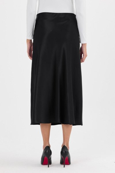 Black Midi Cut Satin Woven Flared Skirt
