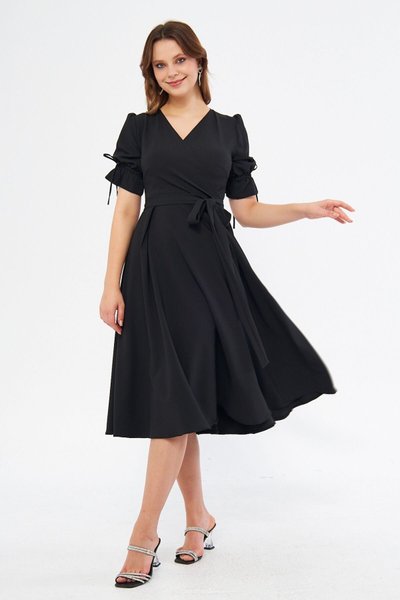 Black Midi Wrap Neck Ruched Short Sleeve Elastic Sleeve Belted Evening Dress