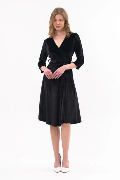Black Midi Velvet Wrap Dress