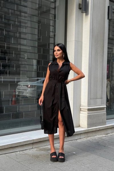 Black Midi Belted Button Detail Dress