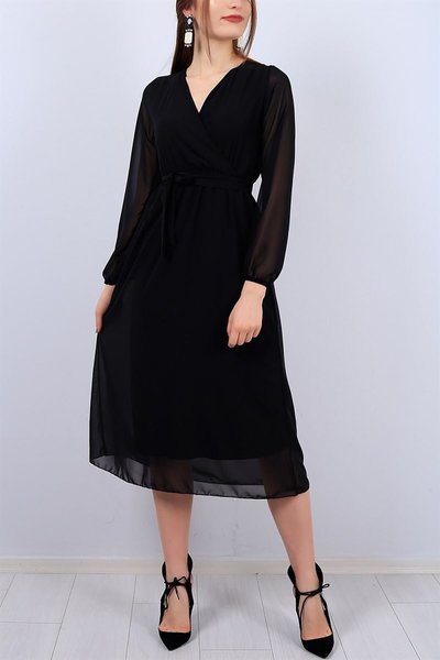 Black Midi Belted Wrap Chiffon Dress
