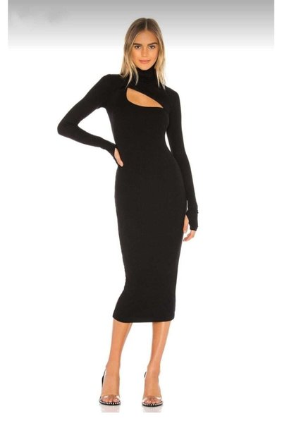 Black Midi Finger Loop Chest Cutout Turtleneck Bodycon Cut Out Dress