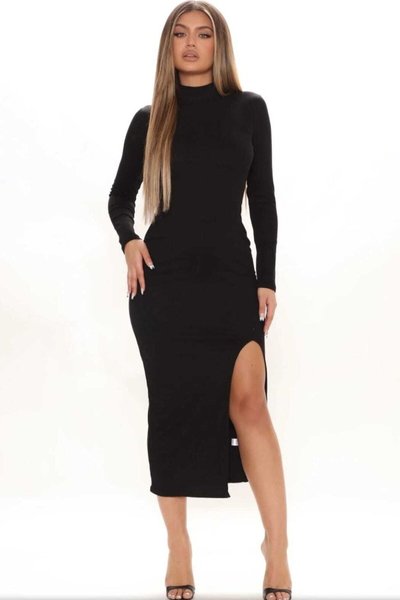 Siyah Midi Yarım Balıkçı Yaka Tek Bacak Yırtmaçlı Uzun Kollu Bodycon Elbise