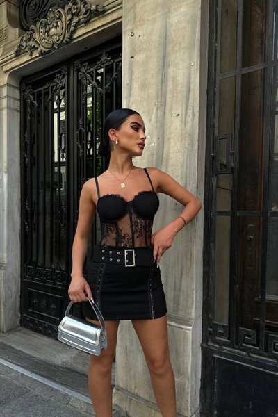 Black Mini Skirt with Hook Detail and Belted Design
