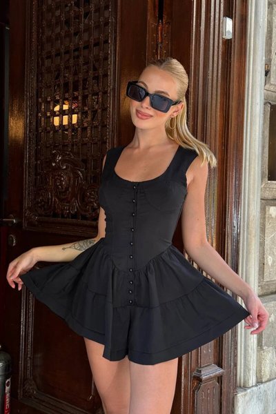 Siyah Mini Askılı Ametist Elbise