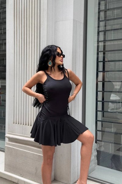Siyah Mini Askılı Mocca Kaşkorse Elbise