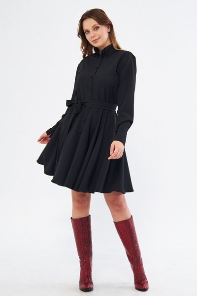 Siyah Mini Dokuma Dökümlü Kumaş Uzun Kol Beli Lastikli Ve Kuşaklı Gömlek Elbise