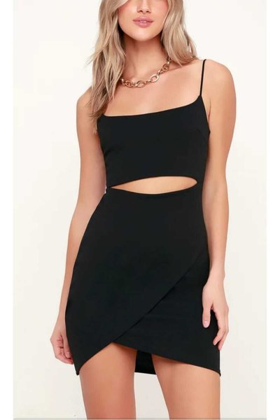 Siyah Mini Göbek Detay Asimetrik Anvelop Etekli Askılı Bodycon Mezuniyet Abiye Elbise