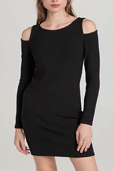Siyah Mini Omuz Detay Bisiklet Yaka Bodycon Uzun Kol Elbise