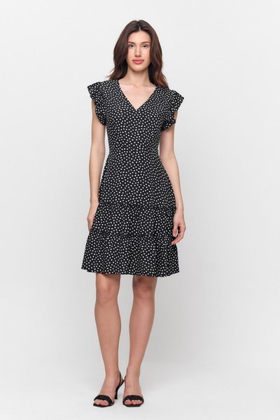 فستان فيسكوز أسود بنقاط صغيرة مع تفاصيل أكمام وكشكش في الحاشية