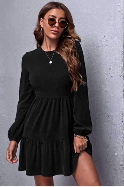 Black Mini Flared Vintage Loose Skirt Long Sleeve Bohemian Dress