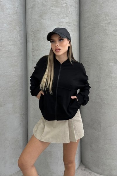Black Modal Fabric Zipper Bomber Sweatshirt