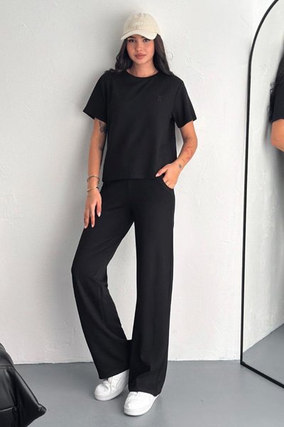 Siyah Modal Kumaş Kısa Kollu Alt Üst İkili Takım