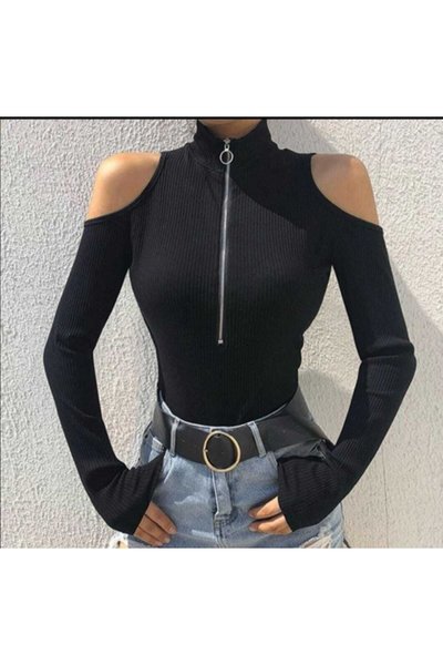 Siyah Omuz Detay Yarım Balıkçı Fermuarlı Bodycon Uzun Kollu Tarz Bluz