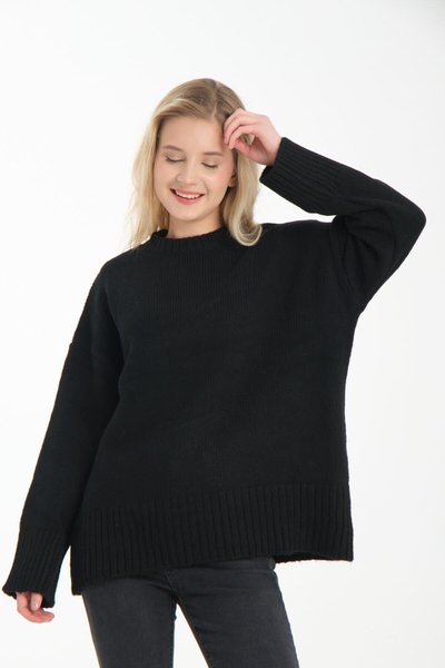 Siyah Oversize Basic Uzun Kazak