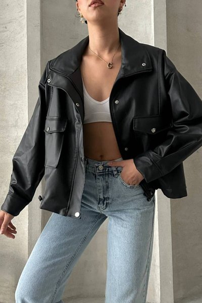 Siyah Oversize Suni Deri Fermuarlı Ceket