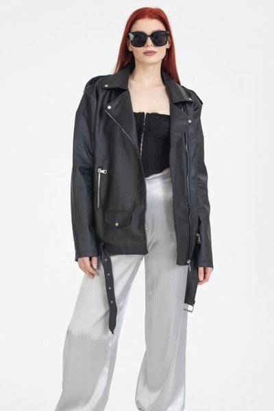 Black Oversized Long Faux Leather Jacket