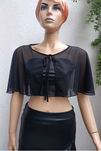 Siyah Pelerin Bağlama Detaylı Tül Abiye İçin Bolero