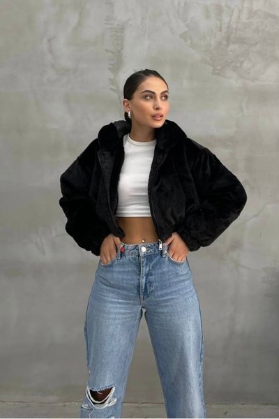 Black Plush Hooded Crop Jacket