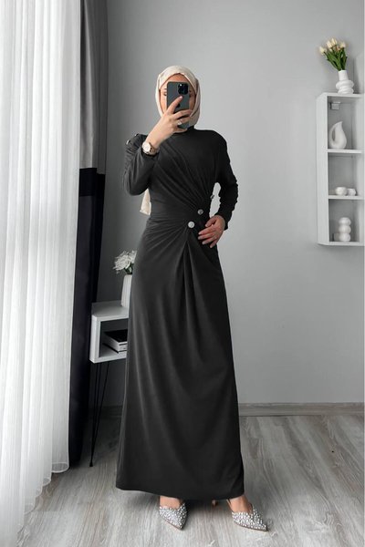 Siyah Sandy Kumaş Düğmeli Elbise