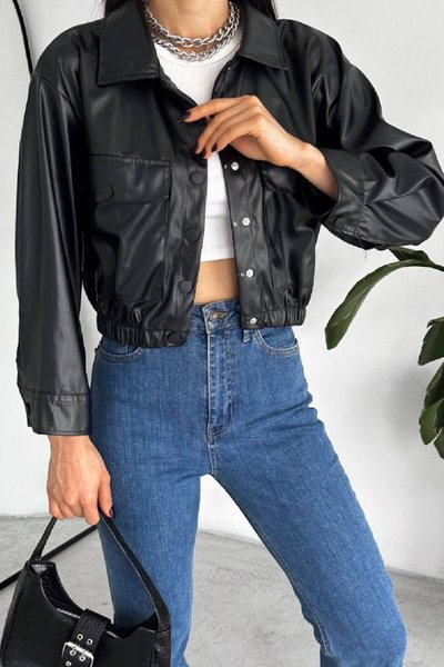 Siyah Şardonlu Çıtçıt Detaylı Deri Ceket