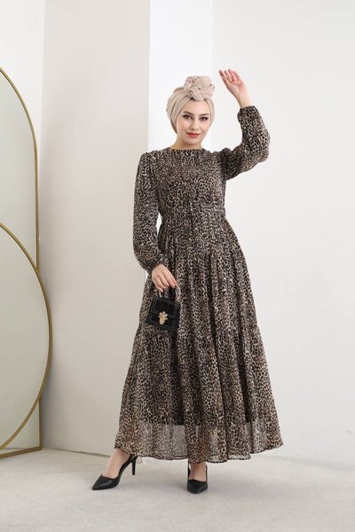 Black Chiffon Patterned Crew Neck Modest Dress