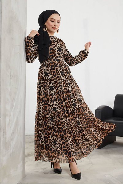 Black Chiffon Belted Modest Dress