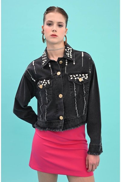 Siyah Taş İşlemeli Denim Kot Ceket