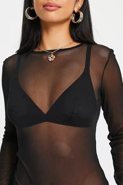 Siyah Tül Uzun Kollu Transparan Sexy Bluz