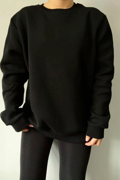 Siyah Unisex Oversize İplik Şardonlu Sweatshirt