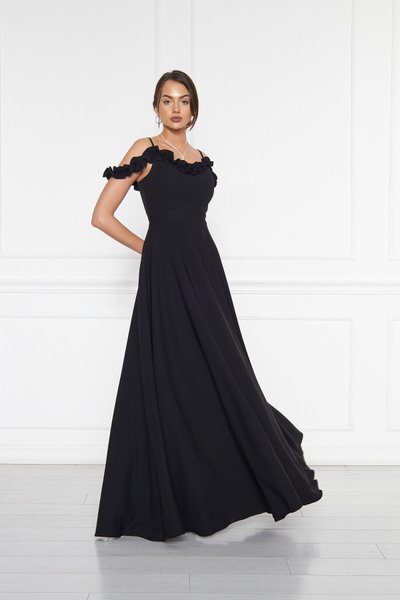Black Long Adjustable Strap Ruffle Detail Woven Fabric Flared Evening Dress
