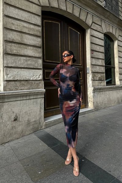 Black Long Double Patterned Tulle Evening Dress