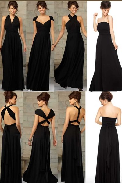 Siyah Uzun Etekli Farklı Bağlamalı Yakalı Kloş Elbise