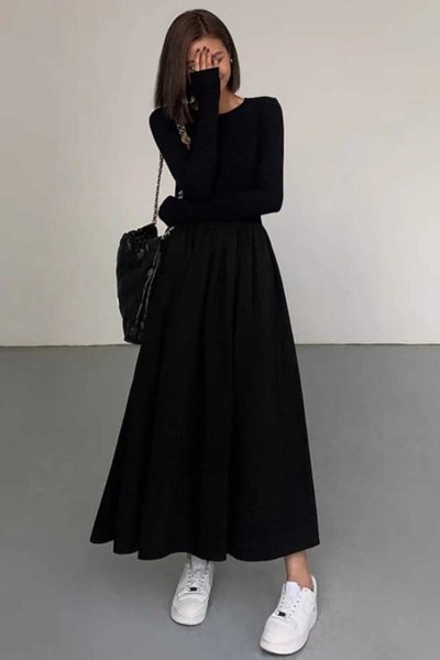 Black Long Flared Maxi Skirt Dress with Combined Sleeves
