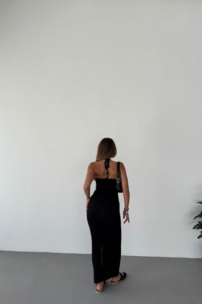 Black Long Gofre Fabric Halter Neck Dress