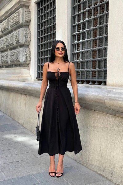 Black Long Gwen Strap Dress