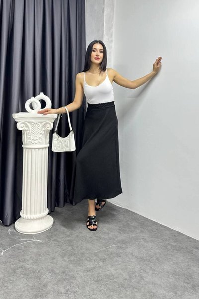 Siyah Uzun Keten Kloş Etek