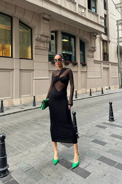 Siyah Uzun Korse Detay Tül Abiye Elbise