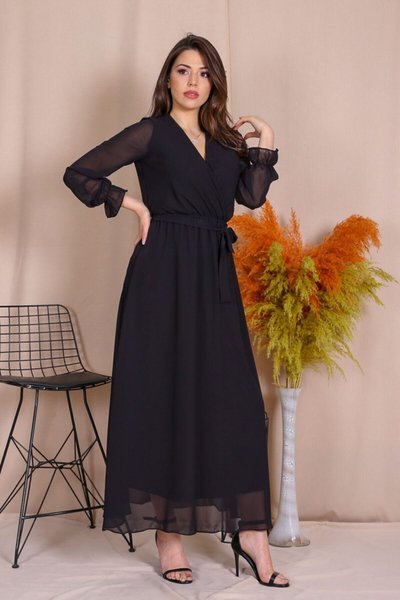 فستان شيفون طويل أسود مع ياقة كروفيزي وتفاصيل ربط