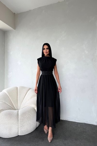 Siyah Uzun Kuşağı Taş Detaylı Halter Yaka Şifon Elbise