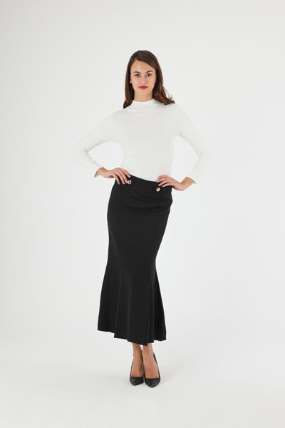 Black Long Seasonal Buttoned Epaulet Detail Fish Skirt
