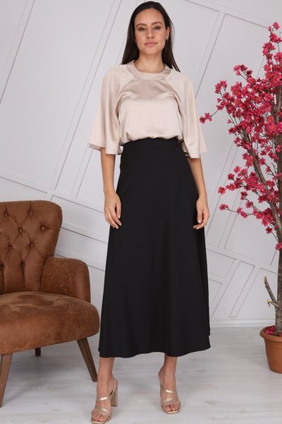 Siyah Uzun Mevsimlik Fermuarlı Kloş Etek