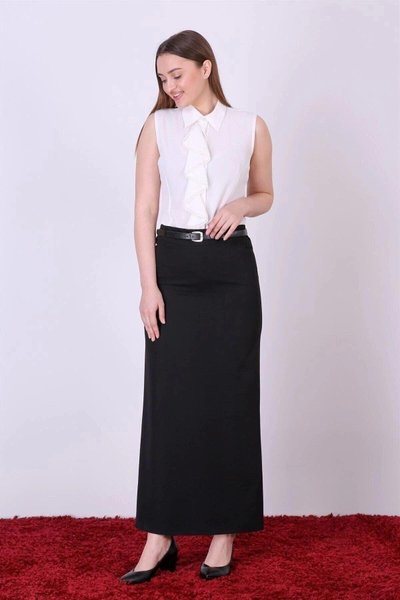 تنورة طويلة موسمي ة سوداء بتفاصيل شق وحزام