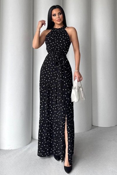 Black Long Polka Dot Slit Dress