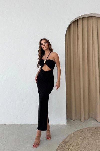 Black Long Strapless Accessory Detailed Halter Neck Lined Slit Dress