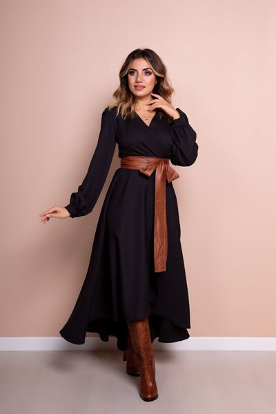 Siyah Uzun Taba Deri Kemerli Kol Asimetrik Kesim Elbise