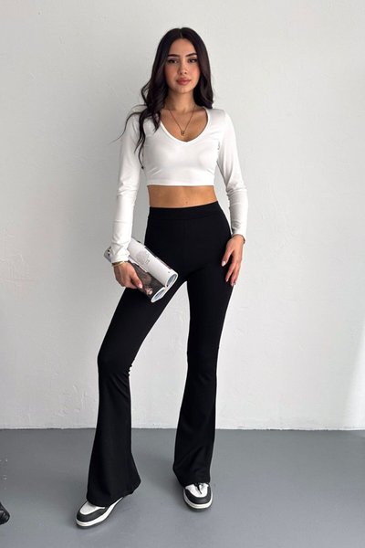 Siyah Yüksek Bel Toparlayıcı İspanyol Paça Çelik Örme Tayt Pantolon