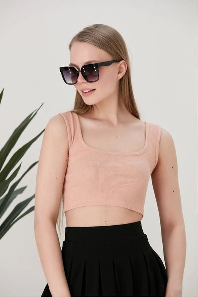 Somon Askılı Fitilli Crop Örme Bluz